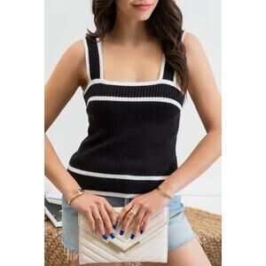 Sweater Tank Top Sz Small Black White Sleeveless Blouse Ribbed Sweater